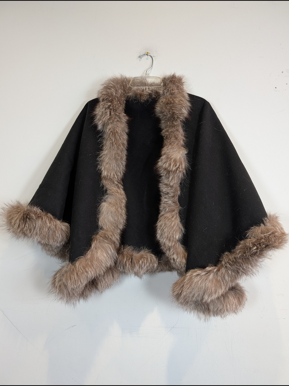Black Fleece Cape With Fox Fur-Trim